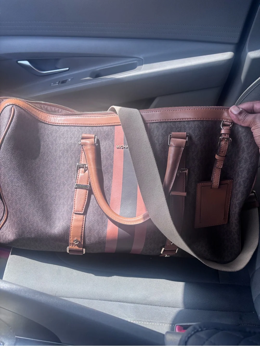 MICHAEL Michael Kors Brown Duffel with Tan & Pink Stripe